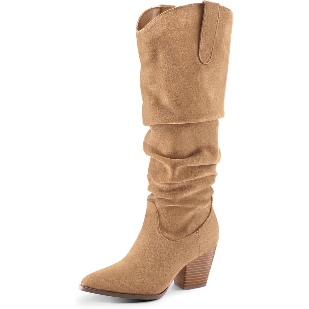 Women's Tan Mysoft Cowboy Knee High Boots Pointed Toe Chunky Heel Slouchy